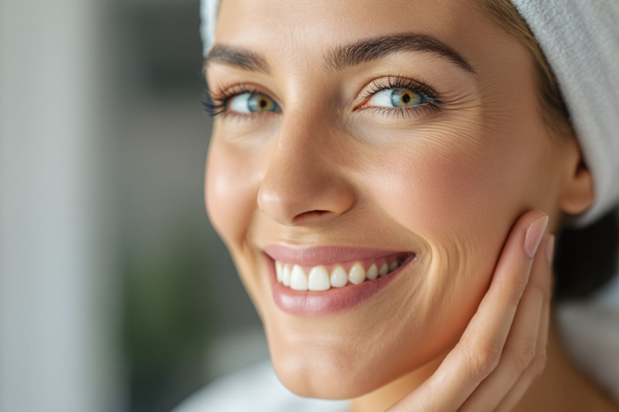 Mature woman with flawless skin after age spot removal at Hilton Head med spa