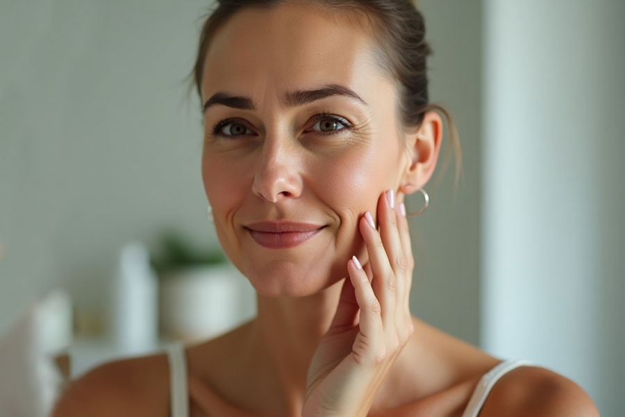 Woman noticing early signs of skin laxity in Hilton Head