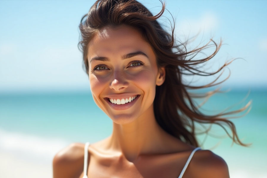 Woman enjoying smooth skin after laser hair removal on Hilton Head beach