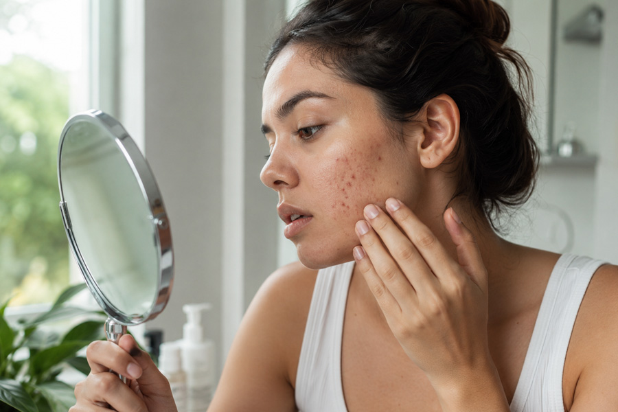 Young adult examining persistent acne in a handheld mirror during a morning skincare routine in a bright, modern bathroom with natural lighting.