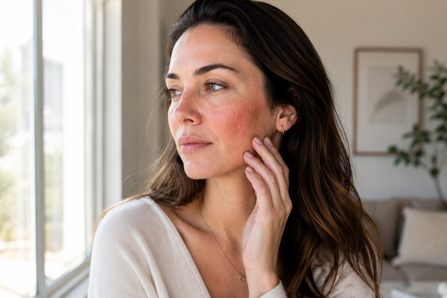 Woman with subtle facial redness gently touching her cheek while standing near a sunlit window in a modern home, reflecting on persistent skin concerns.