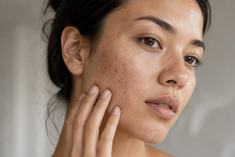 Close-up portrait of a woman with naturally visible hyperpigmentation and uneven skin tone in soft natural daylight, showcasing realistic skin texture and makeup-free skin.