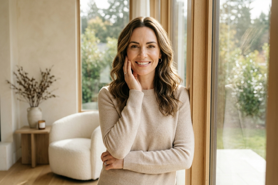 Woman highlighting natural facial volume and balanced facial contours.