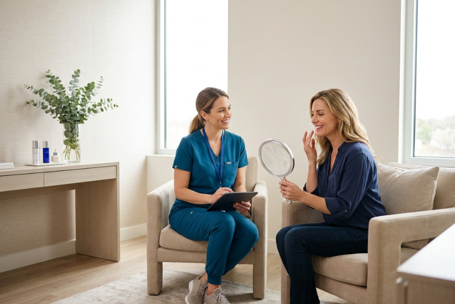 First-time patient discussing facial concerns with a licensed aesthetic provider during a personalized dermal filler consultation.