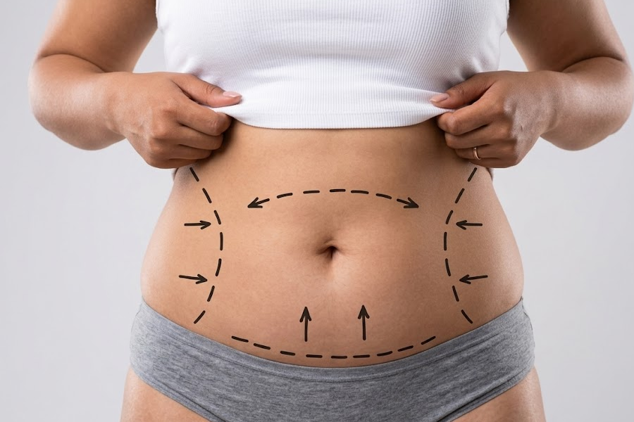 Woman showing abdomen treatment area during body contouring results timeline consultation in Hilton Head Island