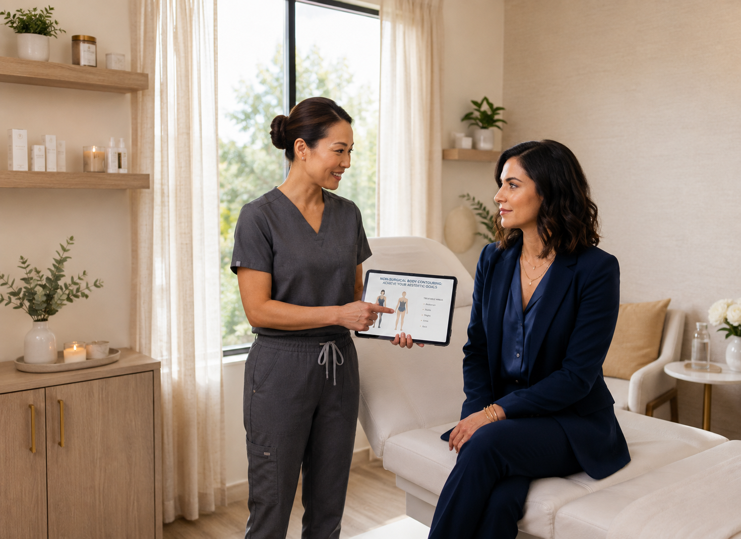 A provider consulting with a patient about personalized non-surgical body contouring treatments in a modern medical spa.