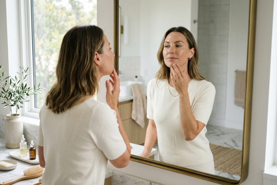 Woman evaluating her facial contours while considering whether dermal fillers may be right for her.