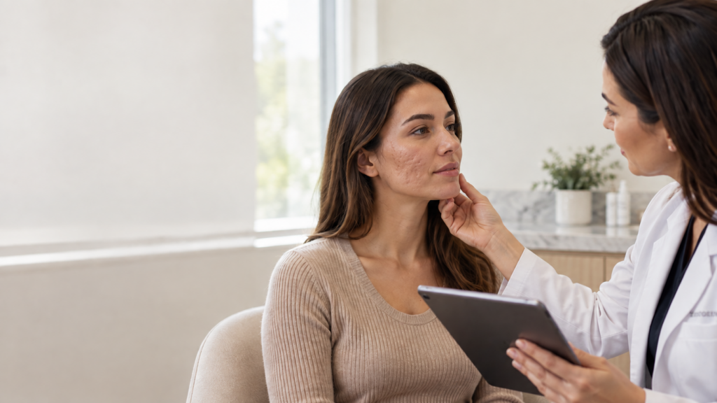 Physician assessing acne scars and skin texture during a consultation