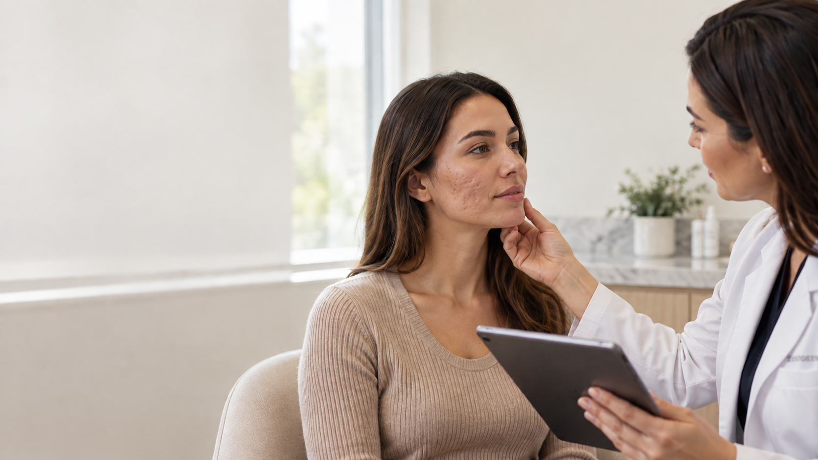 Physician assessing acne scars and skin texture during a consultation