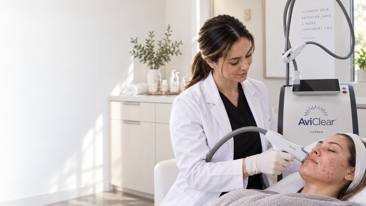 Provider performing AviClear acne treatment on an adult patient at OneCareSpa in Hilton Head Island