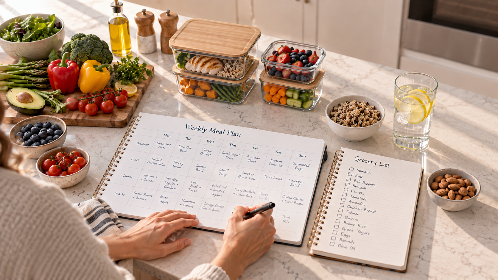 Weekly meal planning workspace with balanced foods and a grocery list Weekly meal planning workspace with balanced foods and a grocery list